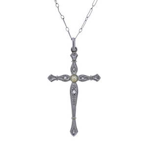 Art Deco Platinum Gold Pearl Diamond Cross Pendant Necklace: METAL: Platinum/18k Gold. MEASUREMENTS: Necklace is 18" long, pendant is 34mm x 18mm. GEMSTONES: Pearl, Rose cut diamonds. TESTED: Plat/18k. WEIGHT: 2.4 grams.Gemstones have not been graded for