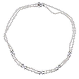 Tiffany & Co Victoria Platinum Diamond Pearl Necklace: METAL: Platinum. MEASUREMENTS: Necklace is 16" long and 8mm wide. GEMSTONES: Diamonds approx. 0.60ctw, Pearls - 3 - 3.2mm. MARKED: T & Co, pt950. WEIGHT: 15.9 grams.Gemstones have not been