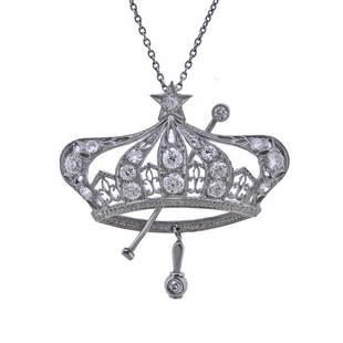 Art Deco 14k Gold Diamond Crown Pendant Necklace: METAL: 14k Gold. MEASUREMENTS: Necklace is 15.5" long. Pendant is 35mm x 33mm. GEMSTONES: Diamonds approx. 1.00ctw. TESTED: 14k. WEIGHT: 9.3 grams.Gemstones have not been graded for color and