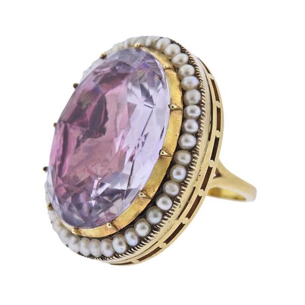 14K Gold Seed Pearl Amethyst Large Ring (1 of 3)