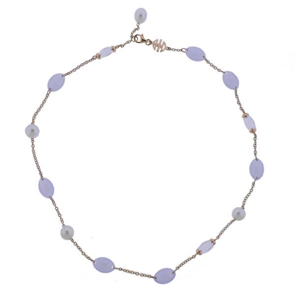 Mimi Milano 18k Gold Chalcedony Pearl Crystal Necklace: METAL: 18k Gold. MEASUREMENTS: Necklace is 20" long. GEMSTONES: Chalcedony, 8.5-9mm pearls, crystal. MARKED: Mimi mark, 750. WEIGHT: 18.3 grams. Retail $4810. Gemstones have not been graded for c