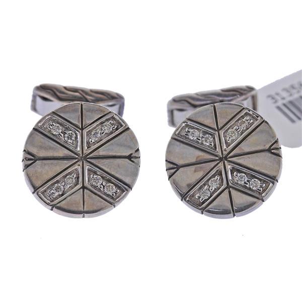 John Hardy Silver Diamond Modern Chain Cufflinks: METAL: Sterling Silver. MEASUREMENTS: Top is 15mm in diameter. GEMSTONES: Diamonds approx. 0.19ctw. MARKED: 925, JH. New, old stock, with tag. Retail $995. WEIGHT: 8.8 grams.Gemstones have not been gr
