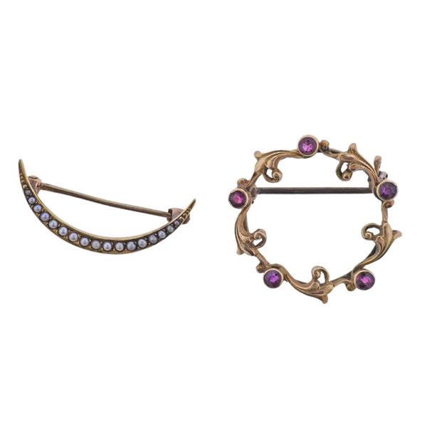 Antique 14k Gold Seed Pearl Ruby Brooch Pin 2pc Lot (1 of 3)