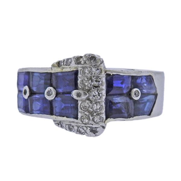 1930s Deco Platinum Diamond Sapphire Buckle Ring (1 of 4)