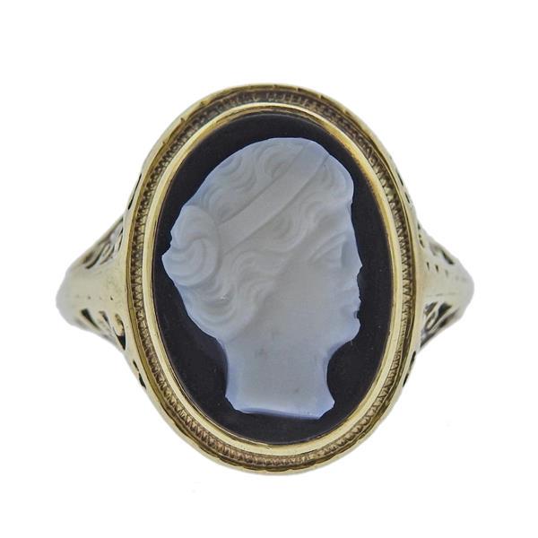 Art Deco 18k Gold Onyx Cameo Ring (1 of 3)