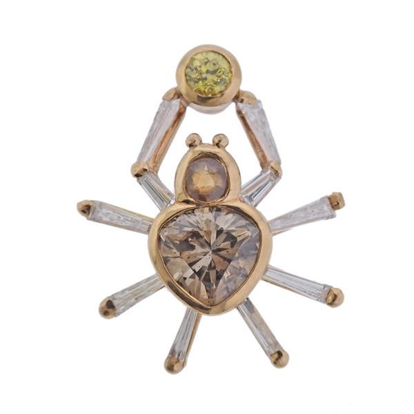 18k Gold Fancy Diamond Spider Slide Pendant: METAL: 18k Gold. MEASUREMENTS: Pendant is 25mm x 20mm. GEMSTONES: Fancy diamonds approx. 2.20ctw (largest fancy brown diamond is approx. 1.60ct). TESTED: 18k. WEIGHT: 3.5 grams.Gemstones have not been