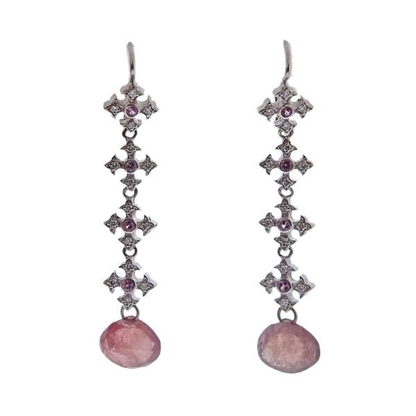18k Gold Diamond Quartz Sapphire Earrings: METAL: 18k Gold. GEMSTONES: Diamonds approx. 0.24ctw. Sapphires. Quartz. MEASUREMENTS: earrings are 57mm long x 9.6mm wide. TESTED: 18k. WEIGHT: 10.2 grams.Gemstones have not been graded for color and