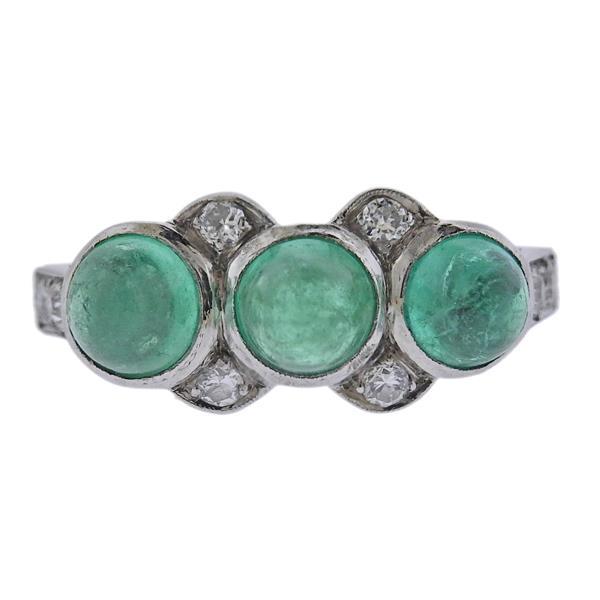 Art Deco Platinum Emerald Cabochon Diamond Ring (1 of 4)