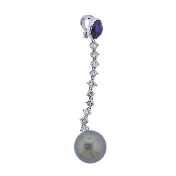 18k Gold Tahitian South Sea Pearl Diamond Sapphire Pendant (1 of 3)