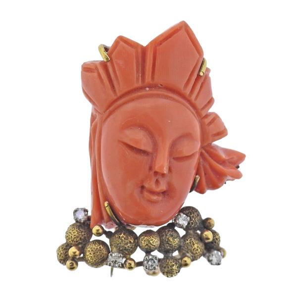 14k Gold Diamond Carved Coral Brooch Pin (1 of 3)