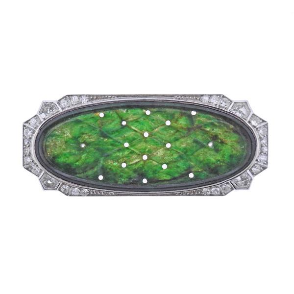 Art Deco 18k Gold Diamond Carved Jade Brooch Pin (1 of 3)