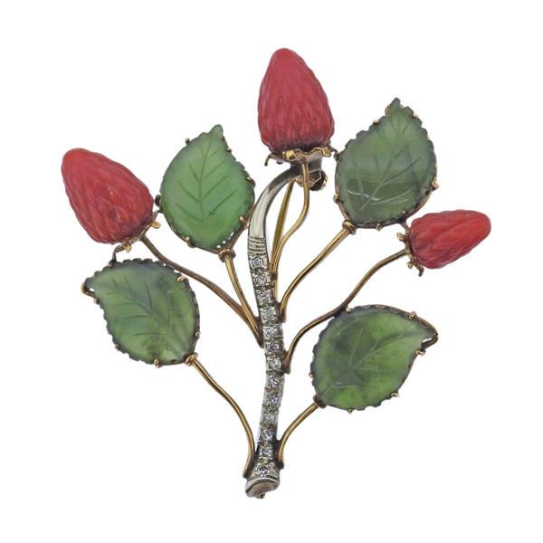 18k Gold Diamond Carve Jade Strawberry Coral Brooch Pin (1 of 3)
