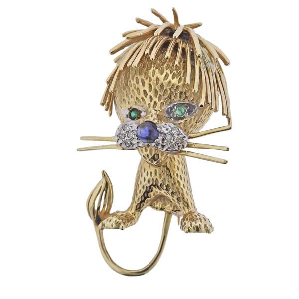 1960s 18k Gold Diamond Sapphire Emerald Lion Brooch (1 of 3)
