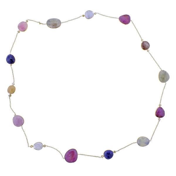 76.59ctw Multi Color Sapphire Diamond 18k Gold Necklace: METAL: 18k Gold. MEASUREMENTS: Necklace is 25" long (no clasp/no opening). Largest section is 15.5mmx 17mm. GEMSTONES: Multi color sapphires approx. 76.59ctw, Diaonds approx. 1.01ctw. TESTED: 18k