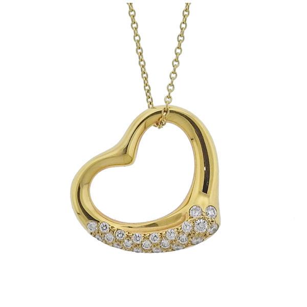 Tiffany & Co Peretti 18k Gold Diamond Open Heart Pendant Necklace (1 of 4)