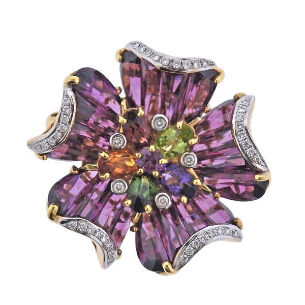 Bellarri 18k Gold Diamond Rhodonite Tourmaline Flower Brooch Pendant (1 of 4)