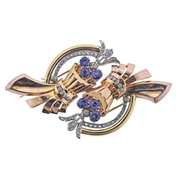Retro 18k Gold Platinum Diamond Sapphire Clip Brooch (1 of 4)
