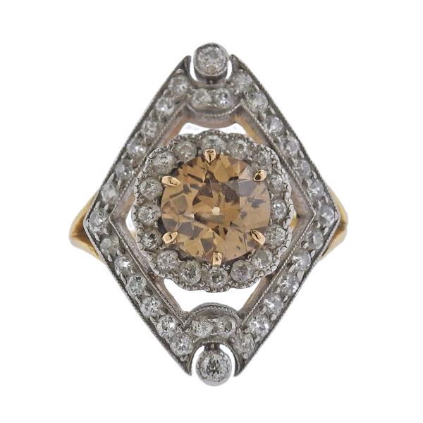 Art Deco GIA 1.54ct Fancy Yellow Brown European Diamond Ring (1 of 5)