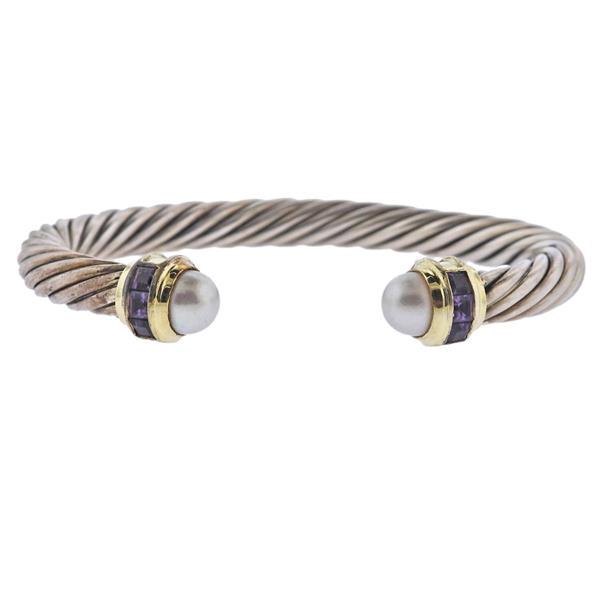 David Yurman 14k Gold Silver Pearl Amethyst Cable Bracelet (1 of 3)