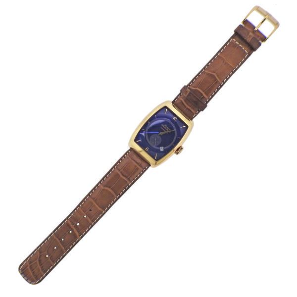 Dubey & Schaldenbrand 18k Gold Blue Dial Aerodyne Chronometer Watch: METAL: 18k Gold. MEASUREMENTS: Case 33 x 44mm, original leather band with 18k gold buckle - 8.5" long. Blue dial with gold markers, small second hand subdial at 6 o'clock. MOVEMENT: Automatic