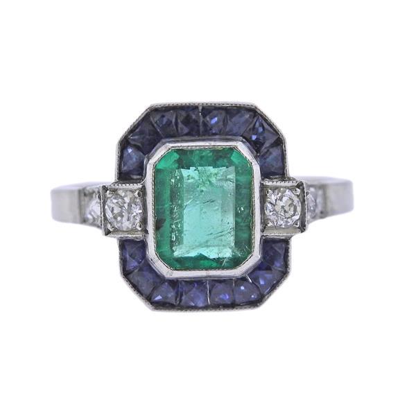 1.18ct Emerald Sapphire Diamond Platinum Ring (1 of 4)