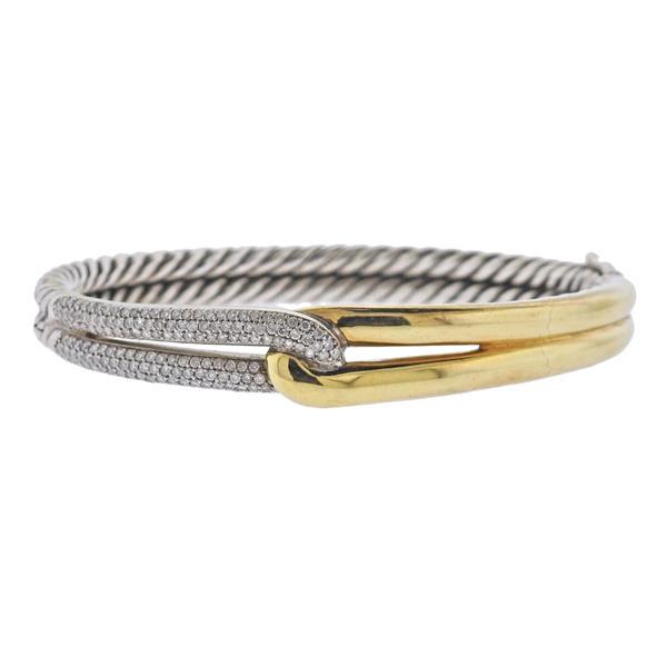 David Yurman 18k Gold Silver Diamond Interlocked Cable Bracelet (1 of 3)