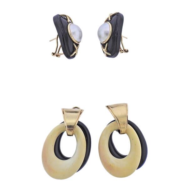 14k Gold Onyx Pearl Earrings 2 Pairs Lot (1 of 4)