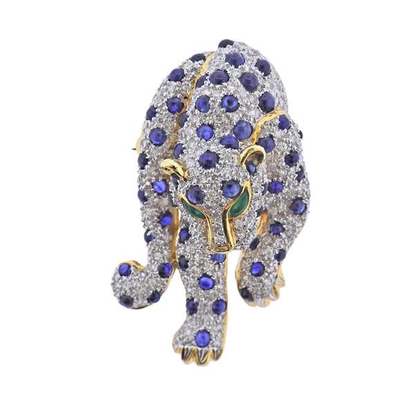 18k Gold Diamond Sapphire Emerald Panther Pendant Brooch (1 of 3)