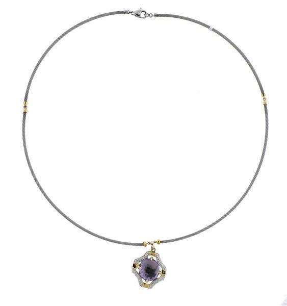 Charriol 18k Gold Steel Diamond Amethyst Pendant Necklace: METAL: 18k Gold/ Stainless Steel. MEASUREMENTS: Necklace is 17" long, Pendant - 21mm x 15mm. GEMSTONES: Amethyst, Diamonds approx. 0.11ctw. MARKED: Charriol, Au750, Steel. WEIGHT: 9.4 grams. Bran