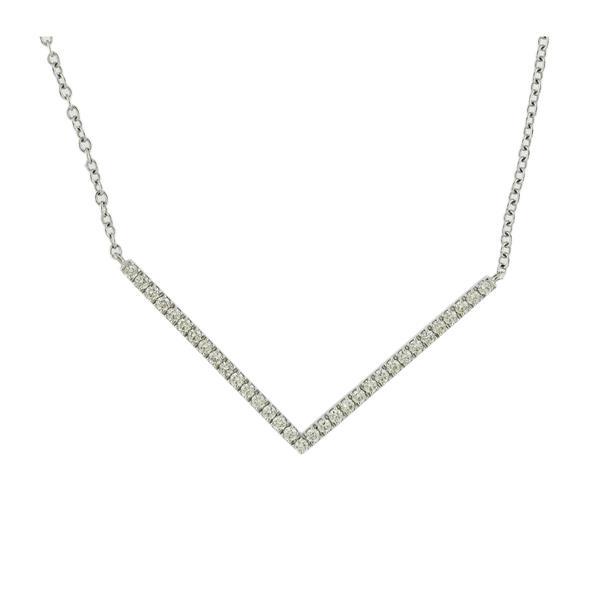 Bucherer 18k Gold Diamond V Geometric Necklace: METAL: 18k Gold. MEASUREMENTS: Necklace is 16.75" long, pendant measures 35mm long. GEMSTONES: Diamonds 0.27ctw. MARKED: CB 750 Bucherer. Comes with COA. WEIGHT: 3.2 grams.Gemstones have not been