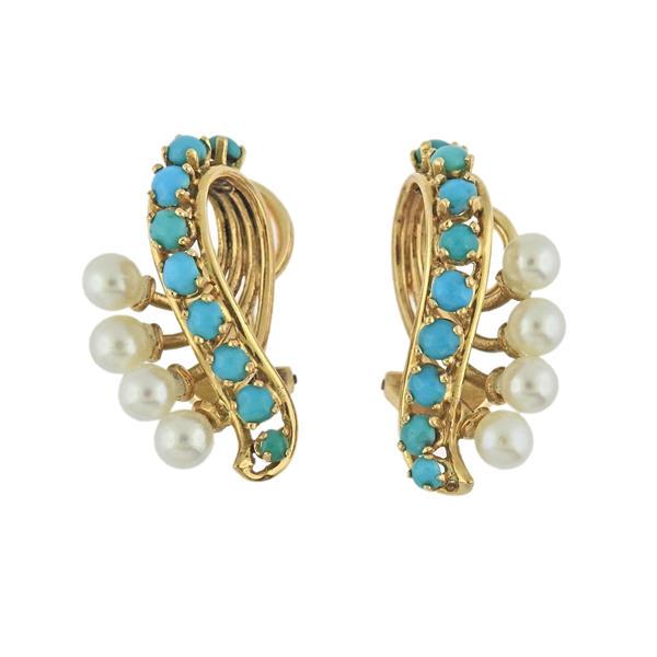 French Midcentury 18k Gold Turquoise Pearl Earrings (1 of 4)