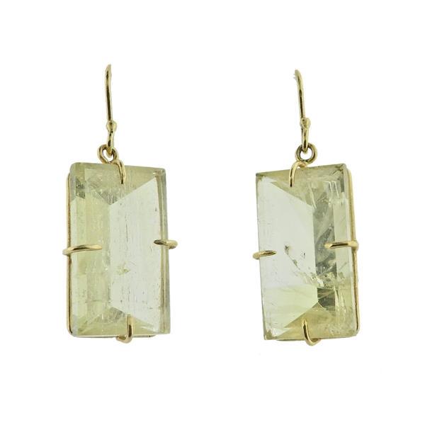 18k Gold Lemon Quartz Drop Earrings: METAL: 18k Gold. MEASUREMENTS: Earrings are 32mm x 10mm. GEMSTONES: Lemon Quartz. MARKED: 18k. WEIGHT: 4.9 grams.Gemstones have not been graded for color and clarity ,and tested for clarity and color 