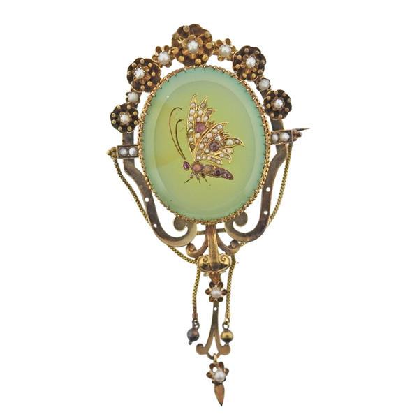 Antique 14k Gold Agate Seed Pearl Ruby Brooch Pendant (1 of 4)