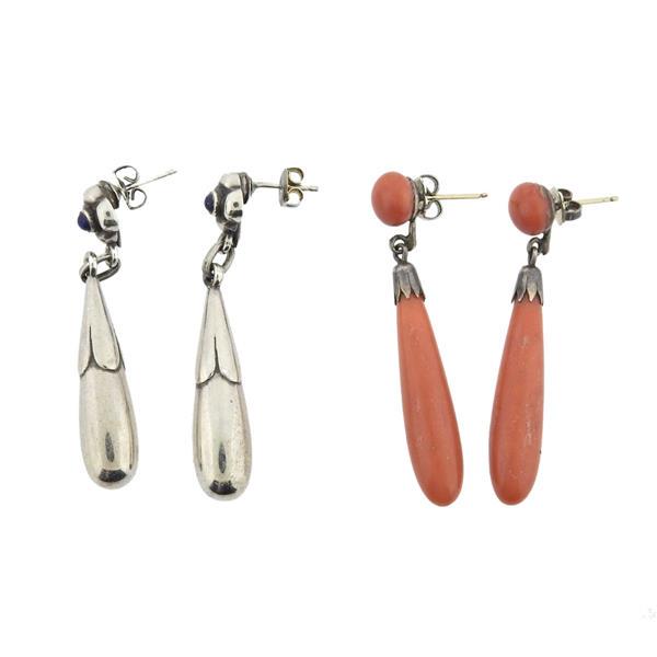 Georg Jensen Silver Lapis and Antique Victorian Coral Earrings Lot 2pc (1 of 2)