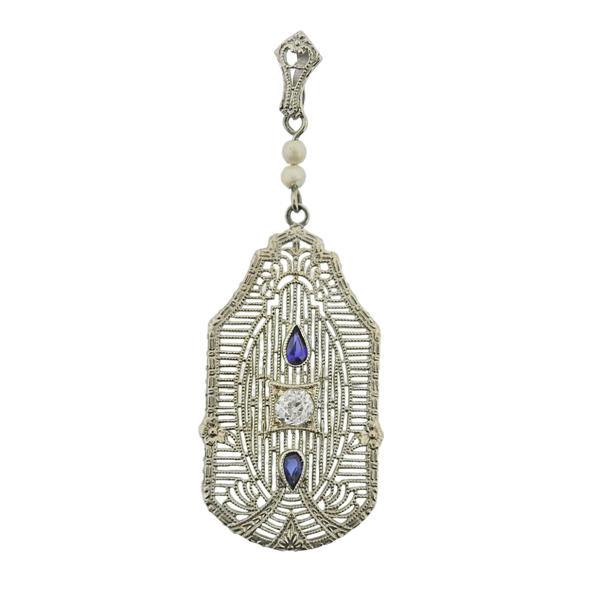 Art Deco Filigree 14k Gold Diamond Pendant (1 of 3)