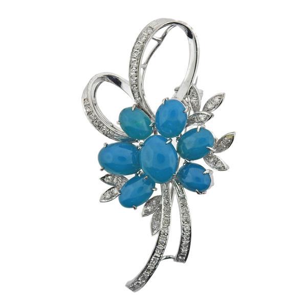 18k Gold Diamond Blue Chalcedony Flower Brooch Pendant (1 of 3)