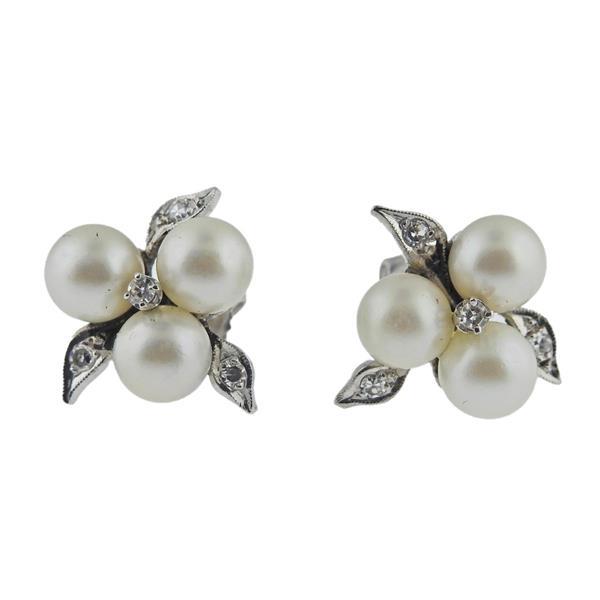Midcentury 14k Gold Diamond Pearl Cluster Earrings (1 of 3)
