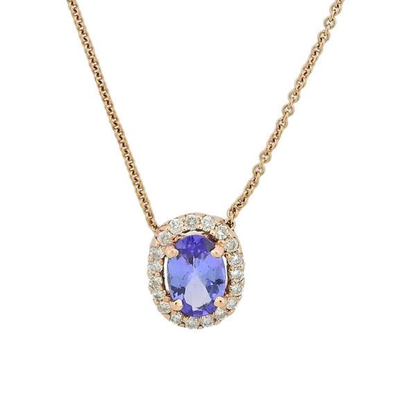 18k Rose Gold Tanzanite Diamond Pendant Necklace: METAL: 18k Gold. MEASUREMENTS: Necklace is 16" long, pendant is 9.5 x 7.5mm. GEMSTONES: Tanzanite, Diamonds approx. 0.13ctw. MARKED: 750 Italy. WEIGHT: 2.3 grams.Gemstones have not been graded fo
