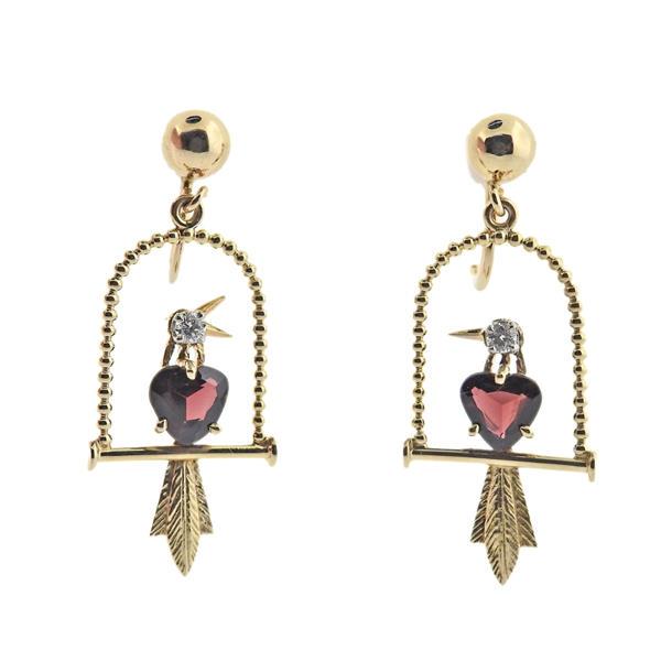 Retro 14k Gold Diamond Garnet Bird Earrings (1 of 3)