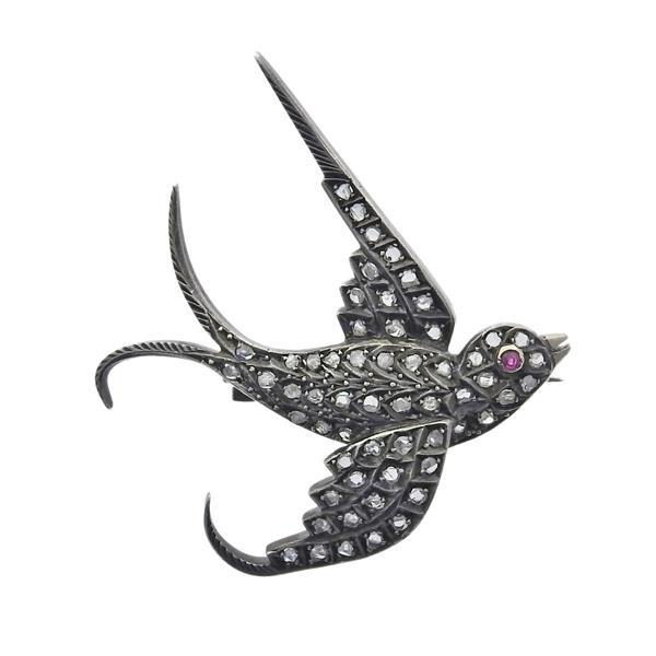 Antique Silver Gold Rose Cut Diamond Ruby Swallow Brooch Pin (1 of 4)