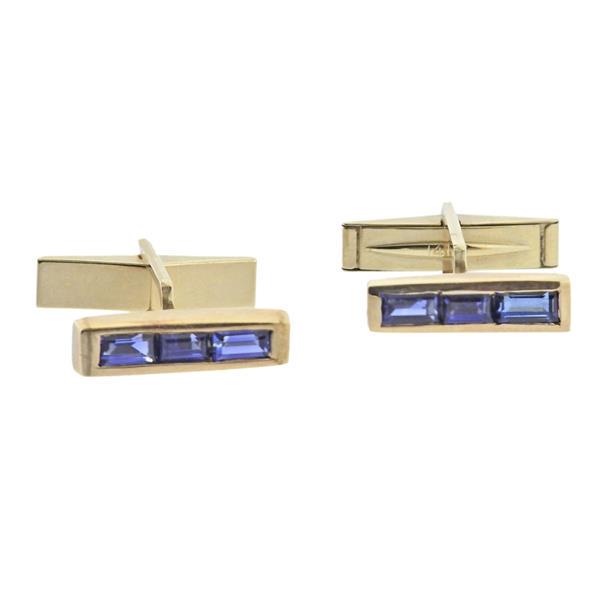 Midcentury Retro 14k Gold Sapphire Cufflinks (1 of 2)