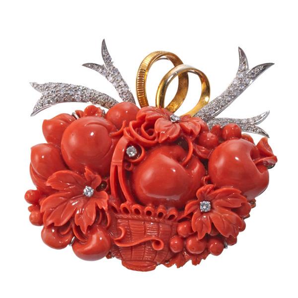 18k Gold Diamond Carved Coral Brooch Pin (1 of 3)