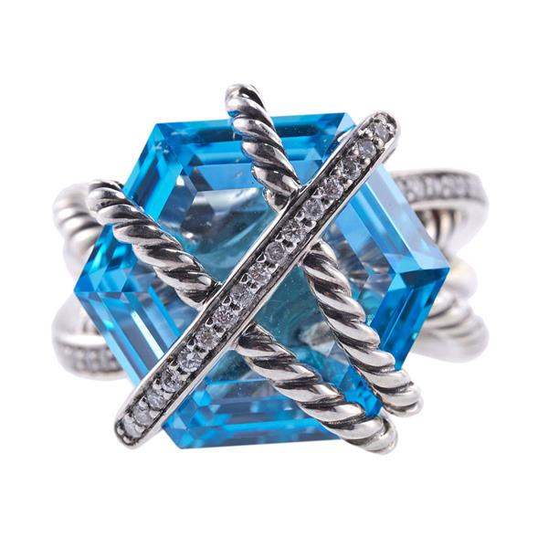 Cable wrap ring with blue topaz and diamonds deals