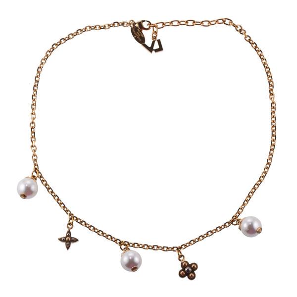 Louis Vuitton Pearl Charmy Necklace: METAL: Base gold metal. GEMSTONES: Faux pearl. MEASUREMENTS: Necklace is 17" long. MARKED: Louis Vuitton Paris Made in Italy, M75443, OB0164. WEIGHT: 23.6 grams.Gemstones have not been graded for