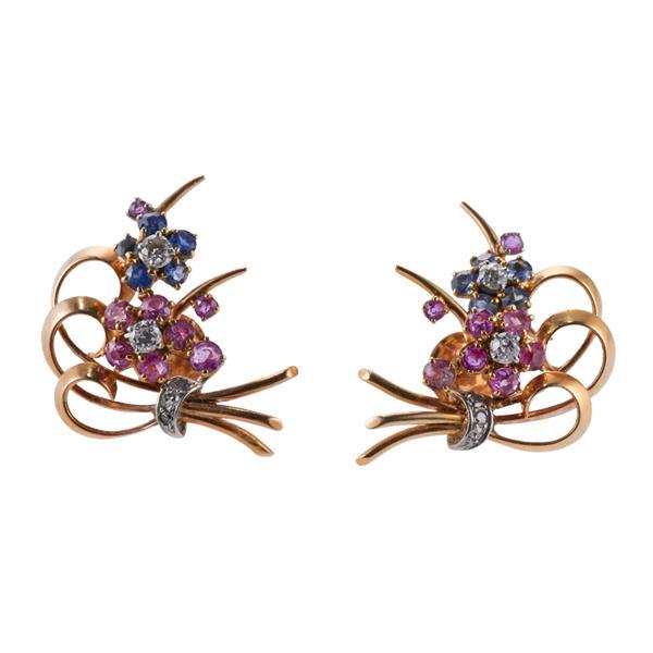 Retro 18k Gold Platinum Ruby Diamond Sapphire Flower Earrings (1 of 3)