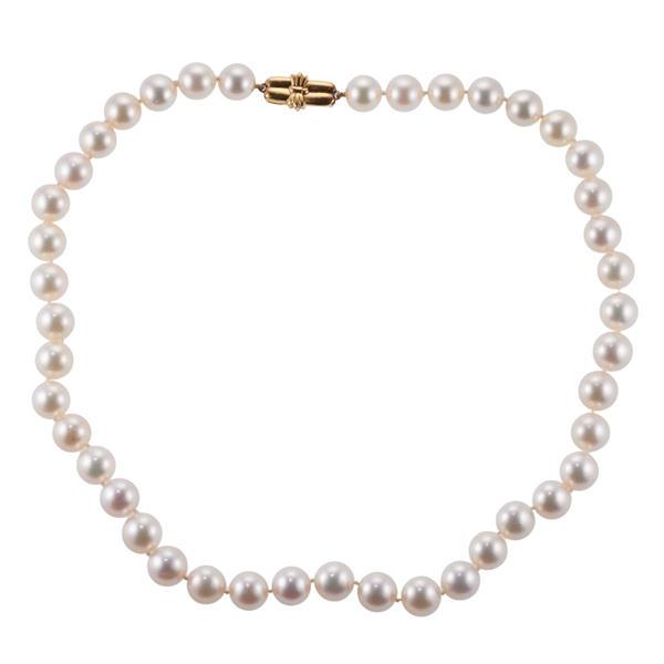Mikimoto 18k Gold Pearl Necklace: METAL: 18k Gold. GEMSTONES: Pearl - 8.5mm. MEASUREMENTS: Necklace is 15.5mm. MARKED: M Pat. P. 18k. WEIGHT: 41.5 grams. Gemstones have not been graded for color and clarity ,and tested for clarity and