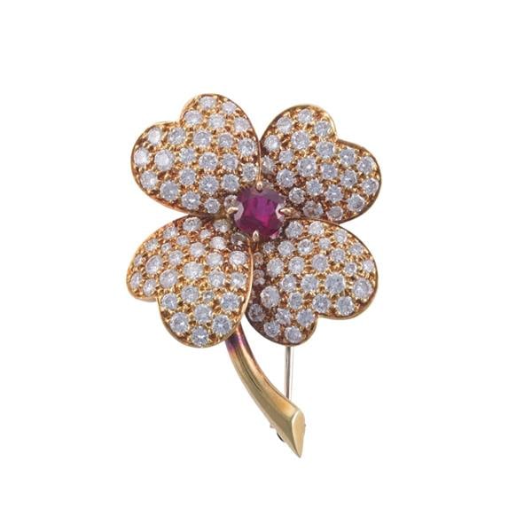Van Cleef & Arpels 18k Gold Diamond Ruby Clover Brooch Pin (1 of 3)
