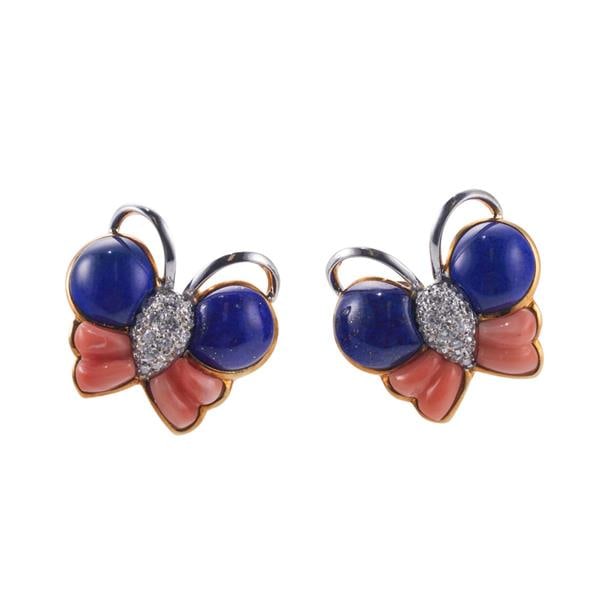18k Gold Diamond Lapis Coral Butterfly Earrings (1 of 3)