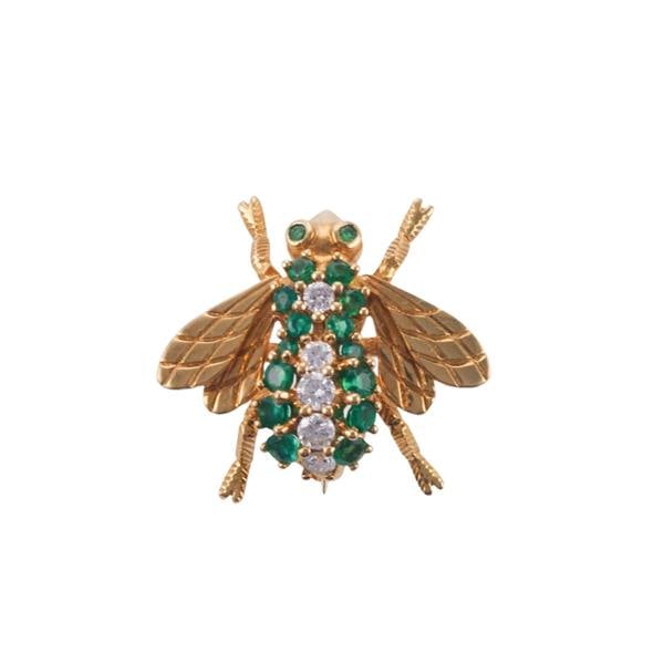 18k Gold Diamond Emerald Bee Insect Brooch Pin (1 of 3)