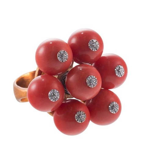 18k Gold Diamond Coral Spinning Top Ring